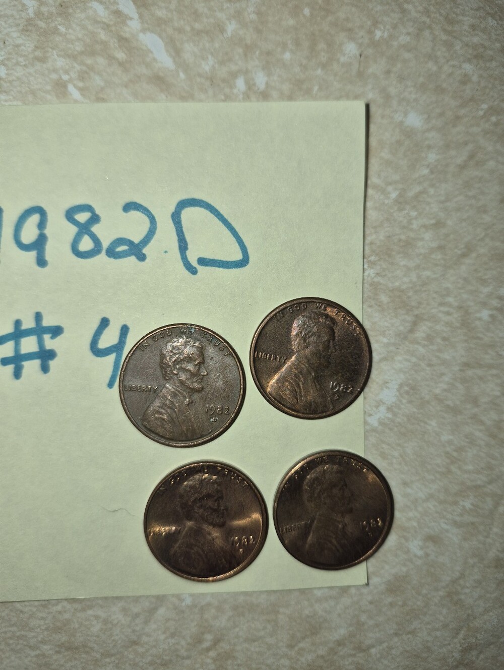 1982 D LARGE number Set of 4 Lincoln Pennies - Copper